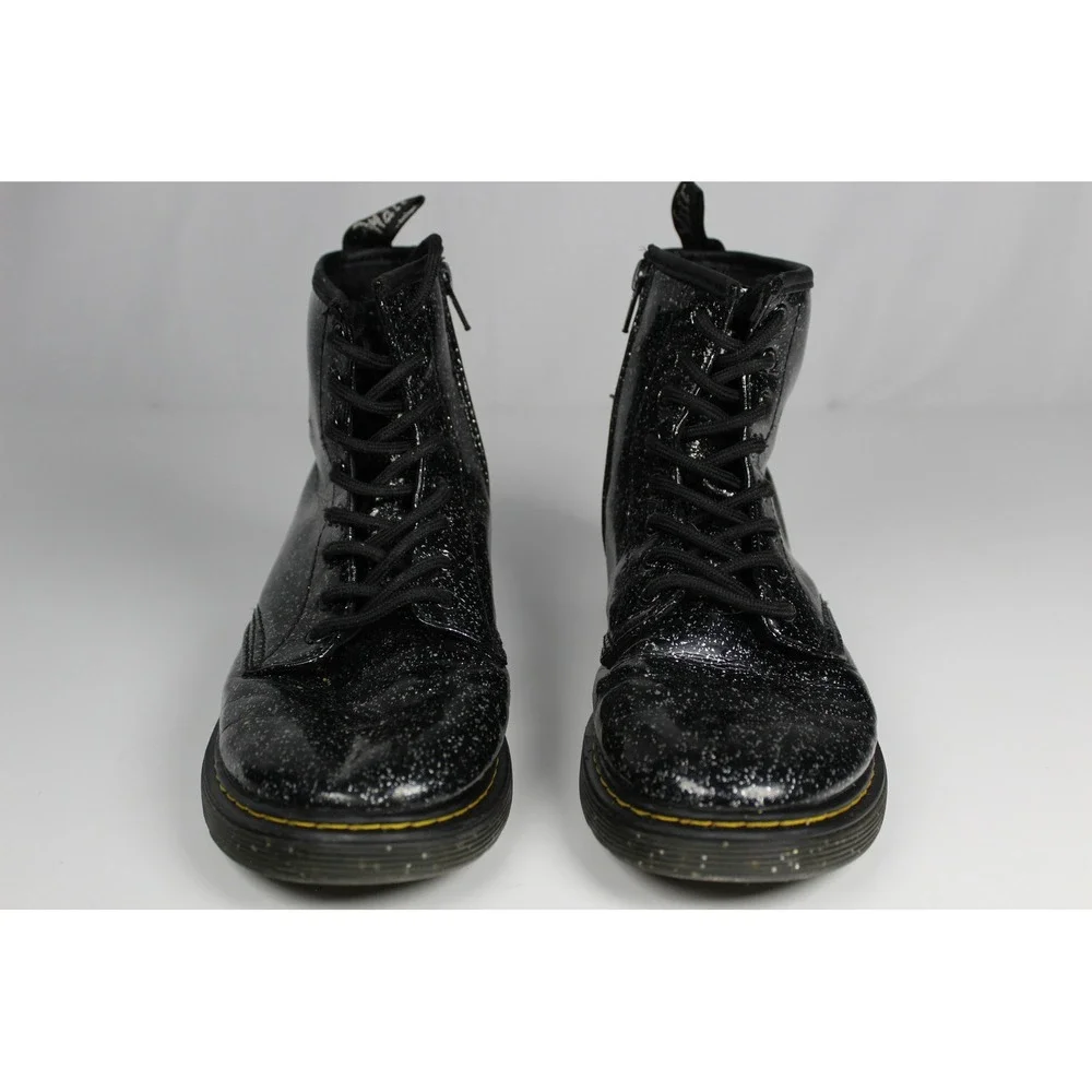 Dr. Martens Delaney Black Glitter Patent Boots Lace Up Side Zip Kids Shoes